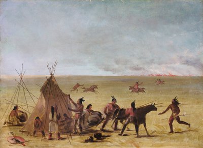 Indianische Familie alarmiert durch das Herannahen eines Präriefeuers von George Catlin