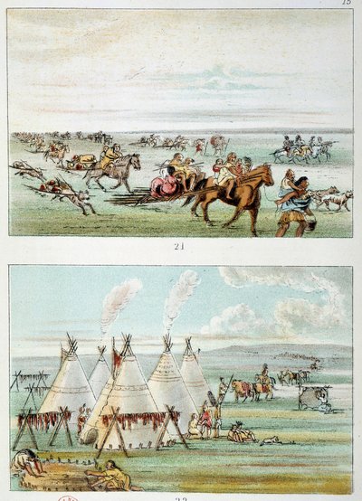 Indianer Amerikas: (oben) Stamm zieht mit Fellen zum Verkauf. (unten) Stamm von 500 bis 600 Tipis. Illustration von George Catlin von George Catlin