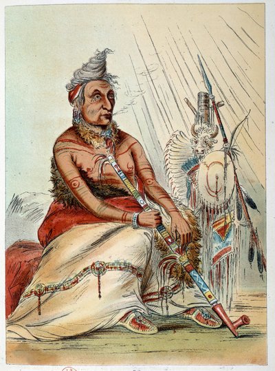 Indianer Amerikas: Porträt eines alten Indianerhäuptlings, der seine Pfeife raucht, genannt Der Schwarze Mokassin. Illustration von George Catlin (1794-1872) von George Catlin