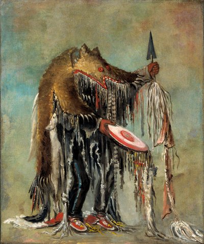 Medizinmann, der seine Geheimnisse über einem sterbenden Mann vollzieht von George Catlin