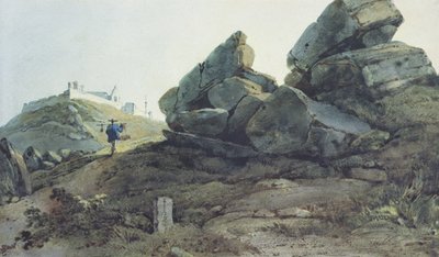 Felsen und ein Hügelkloster, China von George Chinnery