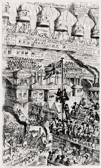 Eine malthusianische Ansicht eines überfüllten Londons, England, der Zukunft, nach den Schriften von Thomas Malthus von George Cruikshank