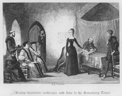 Bischof Gardiners Konferenz mit Jane im Beauchamp Tower (Stich) von George Cruikshank
