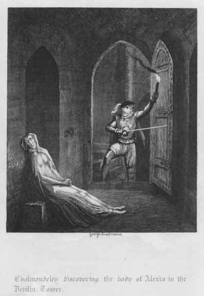 Cholmondeley entdeckt den Körper von Alexia im Devilin-Turm von George Cruikshank