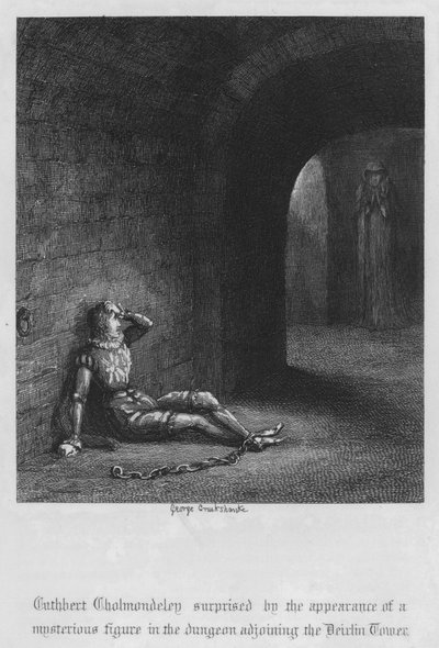 Cuthbert Cholmondeley überrascht durch das Erscheinen einer mysteriösen Gestalt im Kerker neben dem Devilin Tower (Stich) von George Cruikshank