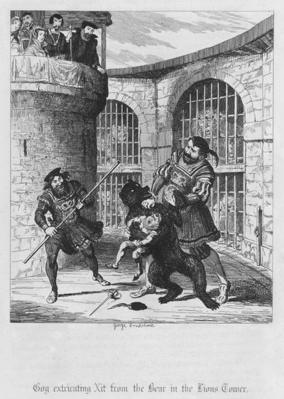 Gog befreit Xit vom Bären im Löwenturm von George Cruikshank