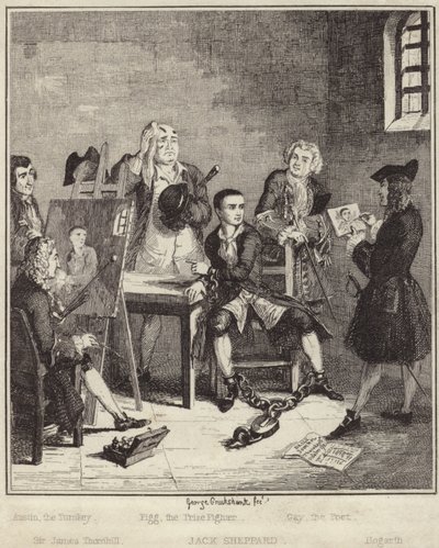 Jack Sheppard lässt sich im Gefängnis von Sir James Thornhill porträtieren von George Cruikshank