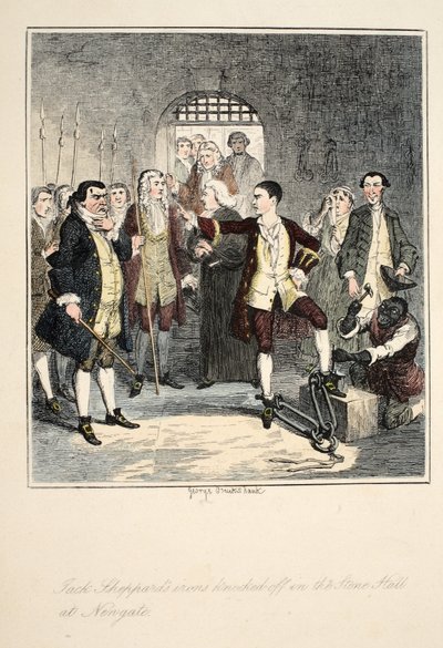 Jack Sheppards Fesseln werden in der Steinhall von Newgate abgeschlagen, Illustration aus Jack Sheppard: Eine Romanze von William Harrison Ainsworth, veröffentlicht 1839 von George Cruikshank