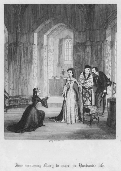 Jane fleht Maria an, das Leben ihres Mannes zu verschonen (Gravur) von George Cruikshank