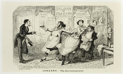 Januar - Die Ankündigung aus George Cruikshanks Stahlradierungen für The Comic Almanacks: 1835-1853 von George Cruikshank