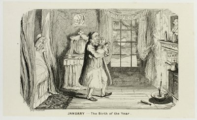 Januar - Die Geburt des Jahres aus George Cruikshanks Stahlradierungen zu The Comic Almanacks: 1835-1853 von George Cruikshank