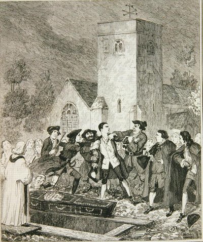 Jonathan Wild ergreift Jack bei der Beerdigung seiner Mutter auf dem Friedhof von Willesden, Illustration aus 