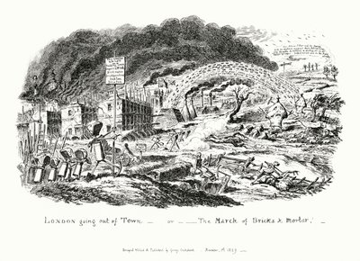 London zieht aus der Stadt, oder der Marsch der Ziegel und Mörtel (Gravur) von George Cruikshank