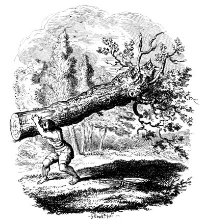 Mann trägt einen großen Baumstamm auf seiner Schulter, 19. Jahrhundert von George Cruikshank