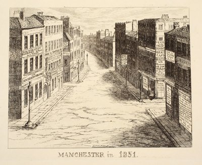 Manchester im Jahr 1851, aus 1851 oder Die Abenteuer von Herrn und Frau Sandboys und Familie, die nach London kamen, um sich zu amüsieren und die Große Ausstellung zu sehen, veröffentlicht 1851 von George Cruikshank