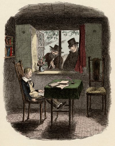 Monks und Fagin beobachten Oliver, der in der Maylie-Bibliothek schläft - Illustration für „Oliver Twist“ von Charles Dickens, von George Cruikshank von George Cruikshank