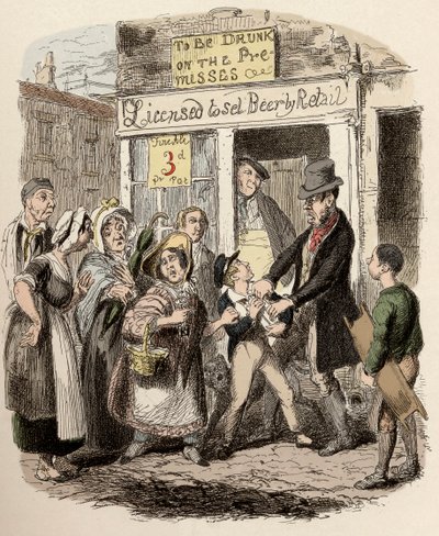 Nancy und Sikes entführen Oliver auf der Straße - Oliver wird von seinen liebevollen Freunden beansprucht - Illustration für „Oliver Twist“ (Die Abenteuer von Oliver Twist) von Charles Dickens (1812-1870), von George Cruikshank (1792-1878). von George Cruikshank