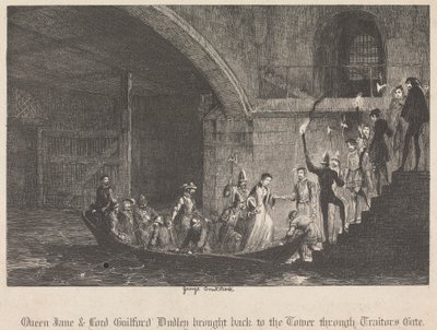 Königin Jane & Lord Guilford Dudley durch das Verrätertor zurück in den Tower gebracht von George Cruikshank