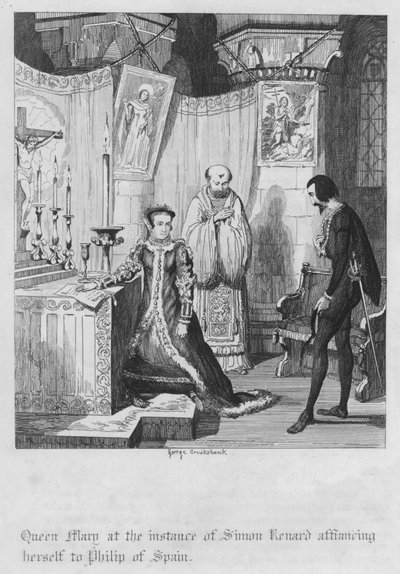Königin Maria verlobt sich auf Anraten von Simon Renard mit Philipp von Spanien von George Cruikshank