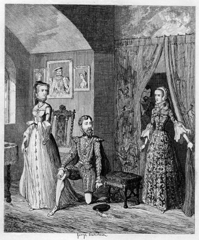 Königin Maria überrascht Courtenay und Prinzessin Elisabeth, 1553-1555 von George Cruikshank