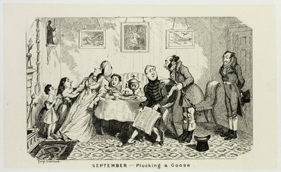 September - Eine Gans rupfen aus George Cruikshanks Stahlradierungen für The Comic Almanacks: 1835-1853 von George Cruikshank