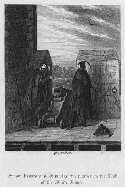 Simon Renard und Winwike der Wächter auf dem Dach des Weißen Turms (Gravur) von George Cruikshank