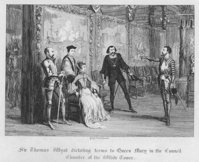 Sir Thomas Wyat diktiert Königin Maria Bedingungen im Ratssaal des Weißen Turms von George Cruikshank