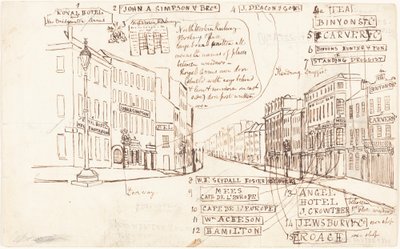 Straßenperspektive mit beschrifteten Geschäftshäusern von George Cruikshank