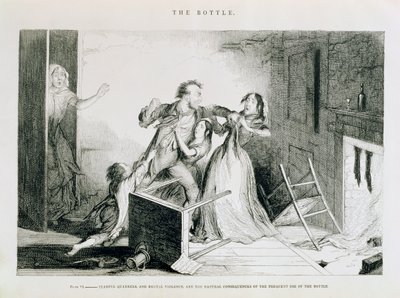 Die Flasche, Platte VI, Furchtbare Streitigkeiten und brutale Gewalt sind die natürlichen Folgen des häufigen Gebrauchs der Flasche, 1847 von George Cruikshank