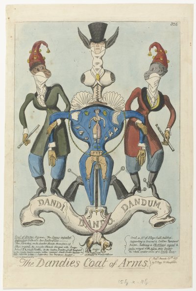 Zwei angekleidete Affen halten eine Waffe in Form einer Schaufensterpuppe The Dandies Coat of Arms (Titel auf dem Objekt) von George Cruikshank