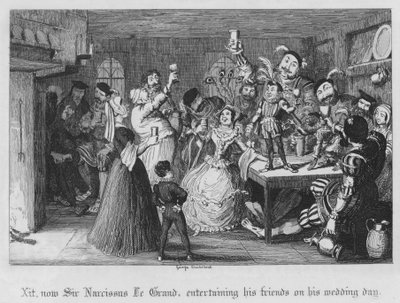 Xit, jetzt Sir Narcissus Le Grand, unterhält seine Freunde an seinem Hochzeitstag (Stich) von George Cruikshank