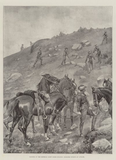 Reiter des Imperial Light Horse hält Pferde während eines Angriffs von George Derville Rowlandson