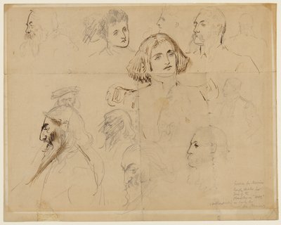 Grobe Skizze für einige der Charaktere in Trilby, einschließlich Trilby und Svengali von George du Maurier