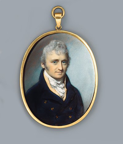 Herr Uthoff, in blauem Mantel mit goldenen Knöpfen, bufffarbener Weste und geknoteter Krawatte, gepudertes lockiges Haar, 1805 von George Engleheart