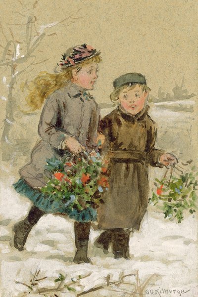 Kinder spielen im Schnee - Sammeln von Stechpalmen von George Goodwin Kilburne