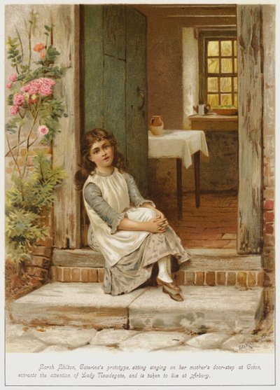 Sarah Shilton, Caterinas Prototyp, sitzt singend auf der Türschwelle ihrer Mutter in Coton, erregt die Aufmerksamkeit von Lady Newdegate und wird nach Arbury gebracht von George Goodwin Kilburne