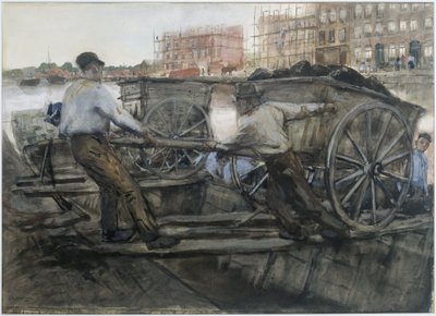 Arbeiter ziehen einen schwer beladenen Wagen auf der Jacob van Lennepkade, Amsterdam von George Hendrik Breitner