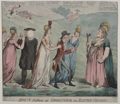 Mutter Windsor mit vier ihrer Kurtisanen, befiehlt ihren Mädchen, den Bischof von Durham und den Herzog von Queensbury zu verhaften, 1798 von George Moutard Woodward