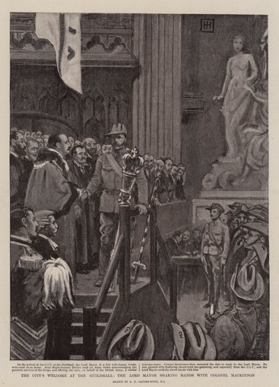 Der Empfang der Stadt im Guildhall, der Lord Mayor schüttelt Colonel Mackinnon die Hand von George Percy Jacomb Hood