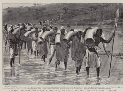 Der Elfenbeinhandel in Ostafrika, eine Karawane auf dem Weg zur Küste, die einen Fluss in Uganda durchquert von George Percy Jacomb Hood
