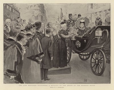 Die Lady Mayoress überreicht der Königin einen Blumenstrauß im Mansion House von George Percy Jacomb Hood
