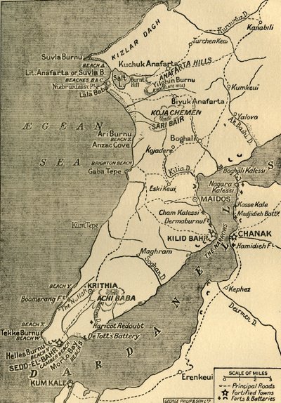 Karte der Halbinsel Gallipoli, 1919 von George Philip and Son Ltd