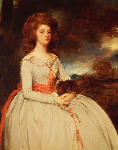 Porträt von Mrs. Moody, zweite Frau von Samuel Moody, sitzend, dreiviertel Länge, in einem weißen Kleid mit rosa Schleifen und einem rosa Gürtel, hält einen Hund auf ihrem Schoß, in einer Landschaft von George Romney