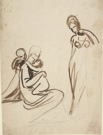 Sitzende Frau mit zwei Kindern und stehende Frau von George Romney