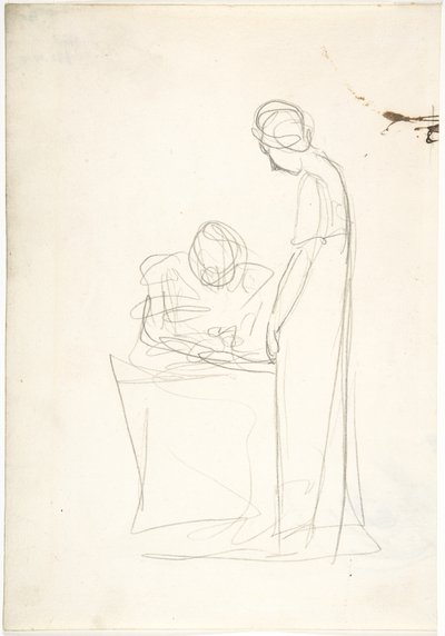 Studie von zwei Figuren: eine sitzend, die andere stehend (recto). Studie eines nach oben blickenden Kopfes (verso) von George Romney