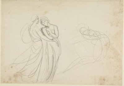 Zwei weibliche Figuren vor einer sitzenden, Studie für Zwei Mädchen, die eine Wahrsagerin konsultieren von George Romney