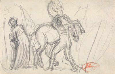 Unidentifiziertes Motiv: Frau, Kind, Mann und Pferd von George Romney