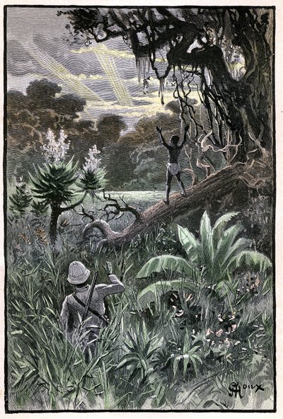 Illustration von George Roux für Jules Vernes Buch „Das Luftdorf“ (1901), Hetzel-Ausgabe/Extraordinary Voyages, Bekannte und Unbekannte Welten. Blick auf einen afrikanischen Wald (Kongo) von George Roux