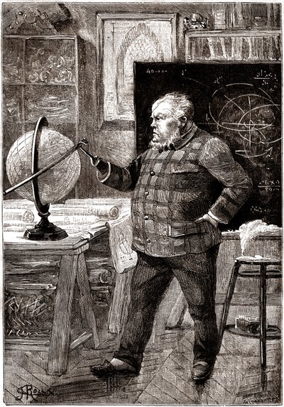 J. T. Maston, Mathematiker und Abenteurer, Sekretär des Gun-Clubs, Hauptfigur in Jules Vernes Roman "Sans dessus dessous", Sammlung Hetzel / voyages extraordinaires 1889. Zeichnung von George Roux. von George Roux