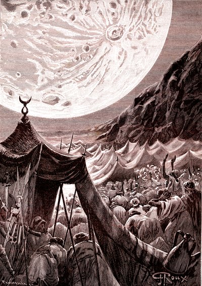 Der Mond in der Wüste von Nubien, SUDAN. Muslime beten. 1888 (Stich) von George Roux